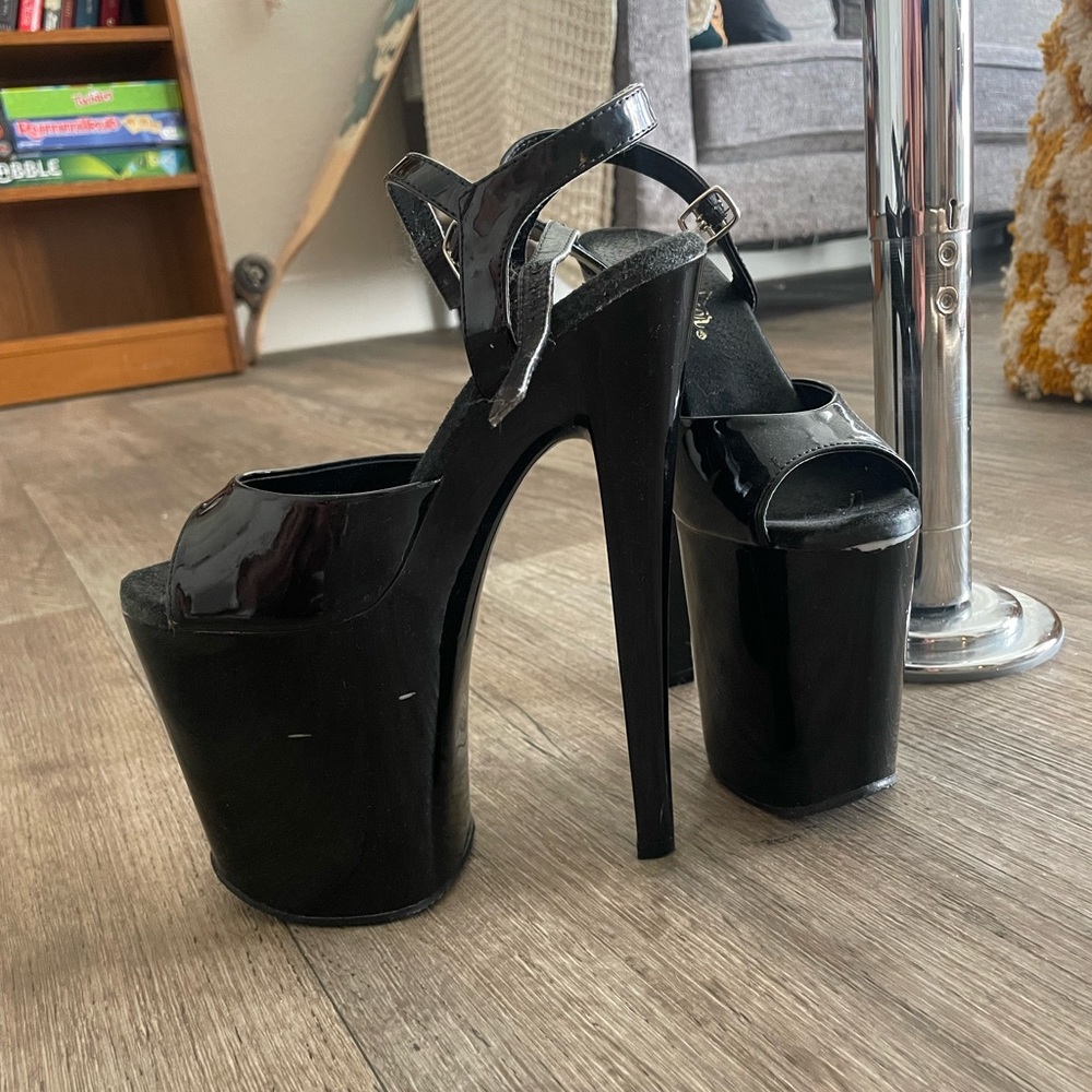 Size 6 8” Heel Pleaser Dancer Heels with Ankle Strap Black Patent Leather